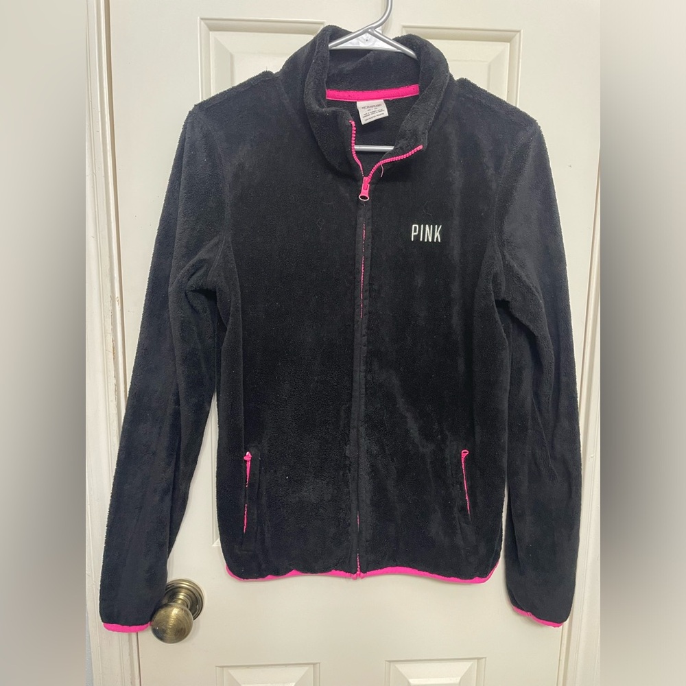 PINK Victoria's Secret Black Zip Up Fleece Jacket with Pink Trim